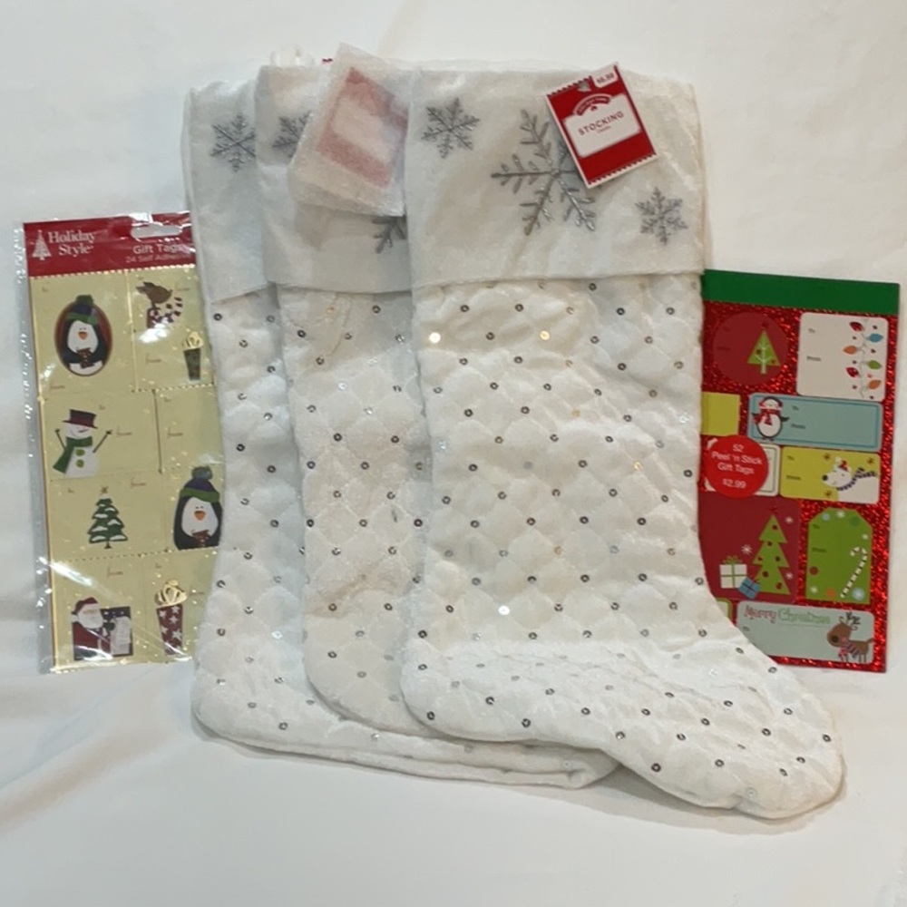 Three (3) NWT Christmas stockings & 2 big pkg of stickers!